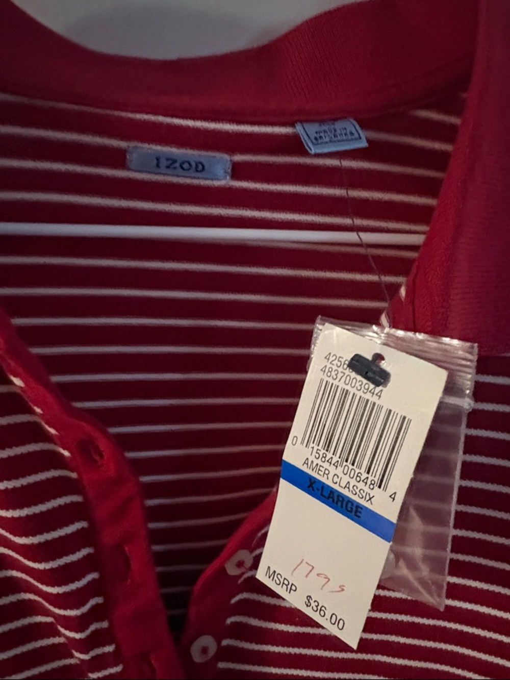 Izod Red & White Striped Polo Top